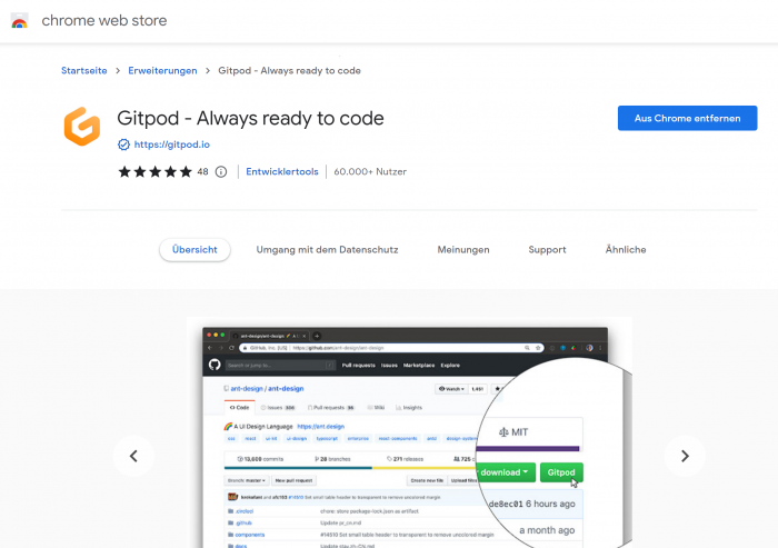 Gitpod Chrome Extension (Bild: Kristof Zerbe)